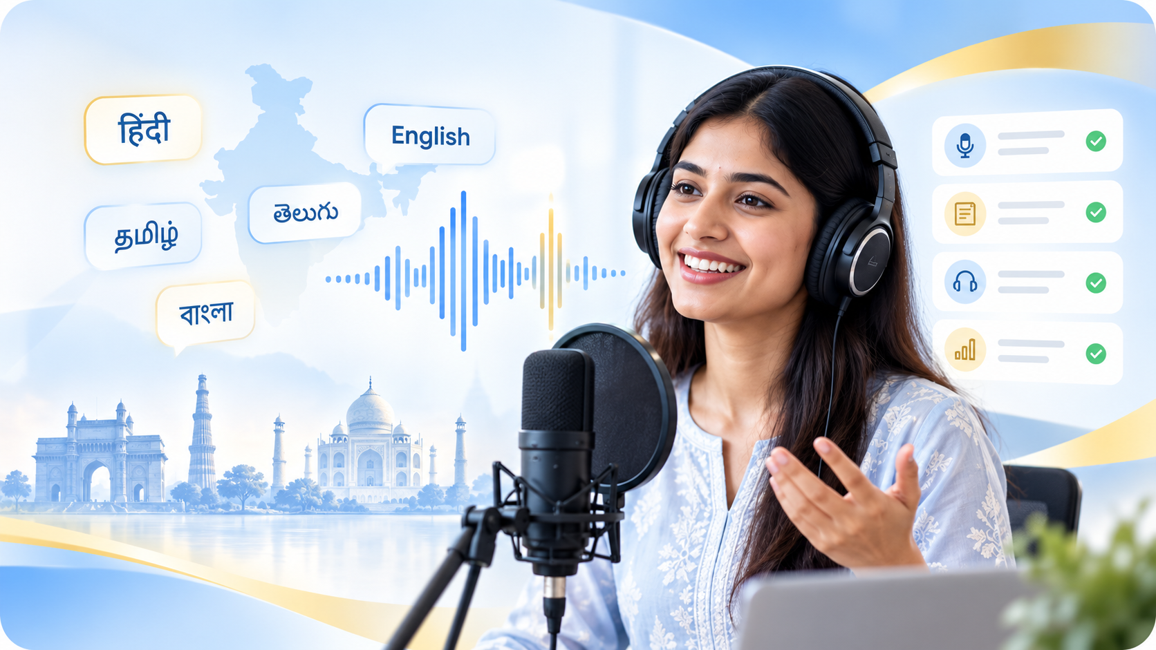Female AI Voice Trainer recording a clear multilingual voice task