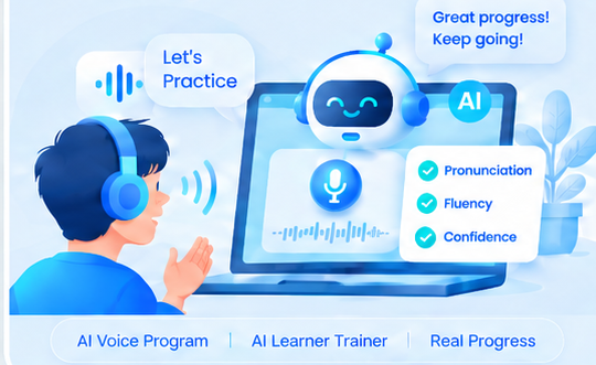 AI Voice Trainer helping a learner practice pronunciation, fluency and confidence